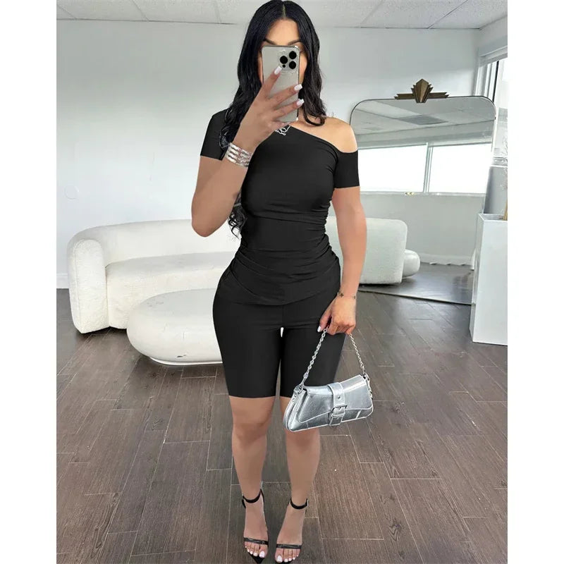 Lunivop  Solid Elegant Shorts Set Women 2 Piece Set Summer Clothes Off Shoulder Short Sleeve Top and Shorts Casual Matching Sets Outfit