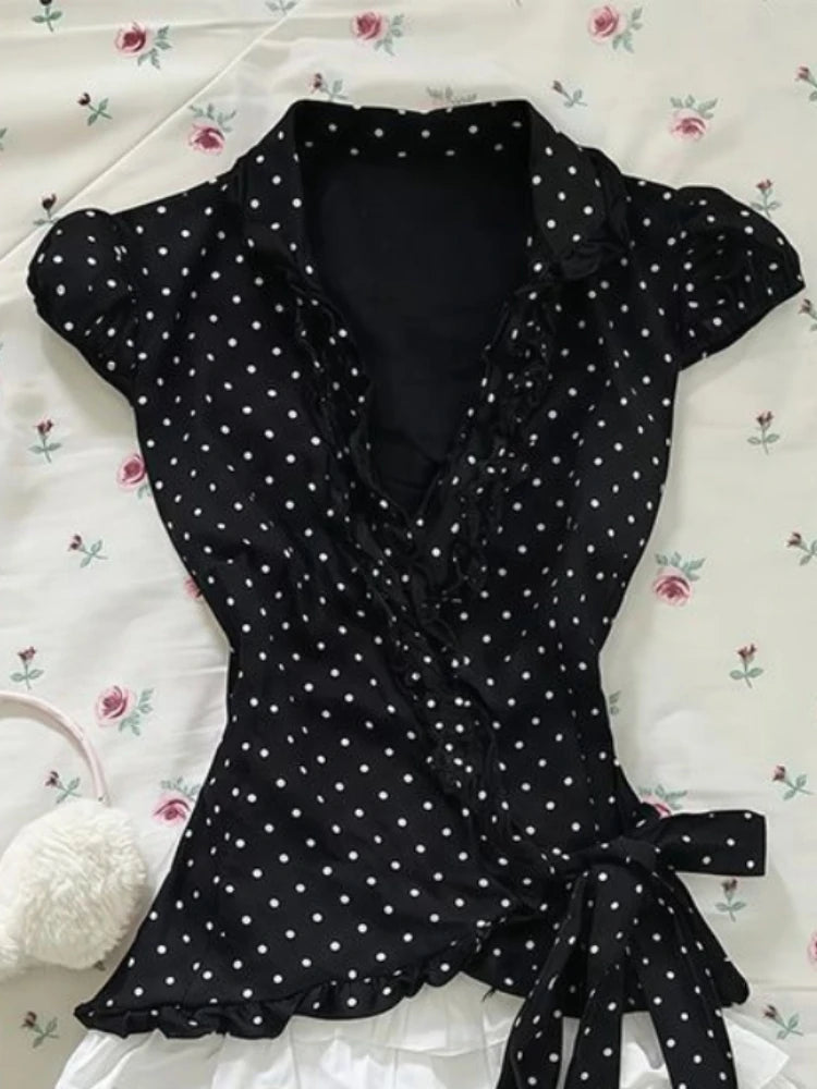 Lunivop  Vintage Y2K Sweet 2 Piece Set Women Slim Fit Polka Dot Lapel Waist Cinched Top + White Lace Trim Mini Skirt Fashion Chic Outfit