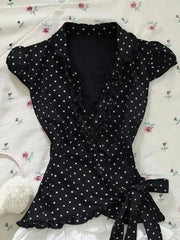 Lunivop  Vintage Y2K Sweet 2 Piece Set Women Slim Fit Polka Dot Lapel Waist Cinched Top + White Lace Trim Mini Skirt Fashion Chic Outfit