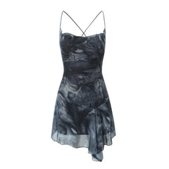 Lunivop  Sexy Gray Black Tie-dye Print Irregular Mesh Sling Dress Women Corset Style Cross Lacing Up Bandage Back Backless Robe