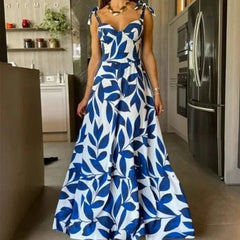 Lunivop  Summer Print Long Dress Women Clothing Lace Up Party Dresses Pattern Spaghetti Strap Ladies V-Neck Beach Sundress