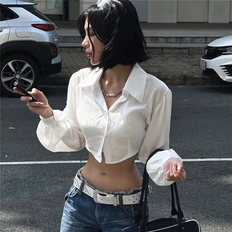 Lunivop   Sexy Puff Long Sleeve Fashion Casual Solid Slim V-neck Hollow Out Crop Tops Y2K Summer New Sweet Cute Streetwear Camis