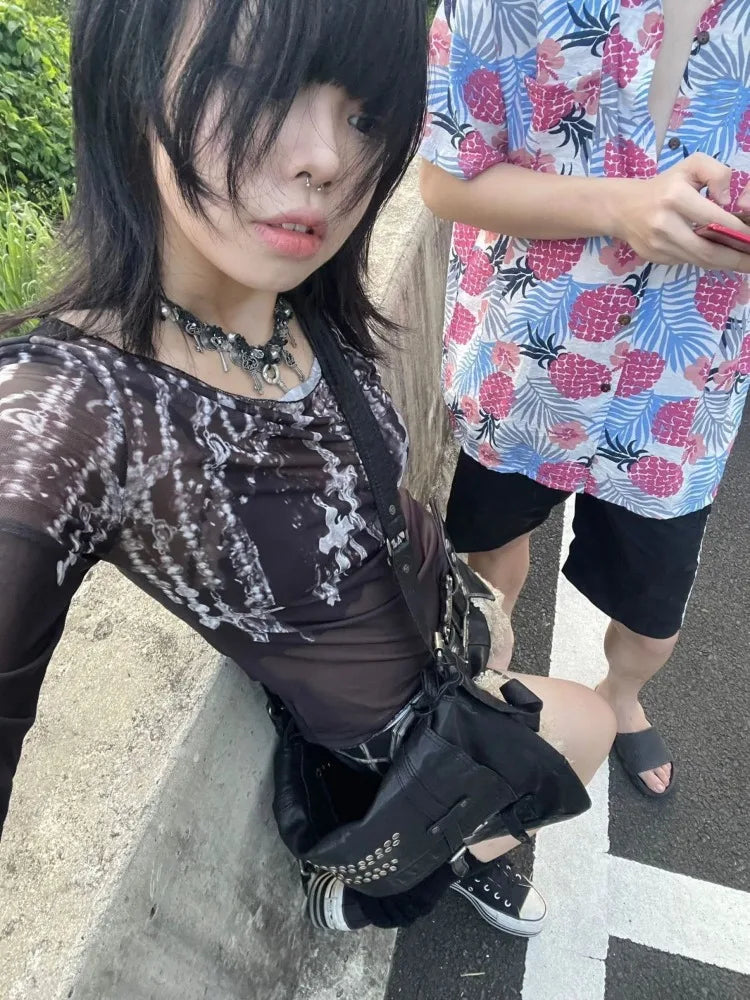 Lunivop  Street Punk Gothic Dark Academia Clothes Slash Neck Mesh Long Sleeve Tops Mujer 2025 Summer New Print T-shirt for Women