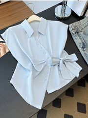Lunivop  Cute Bow Women White Shirt Casual Elegant Vintage V Neck Sweet Blouse Korean Retro Summer Design Single Breasted Lady Tops
