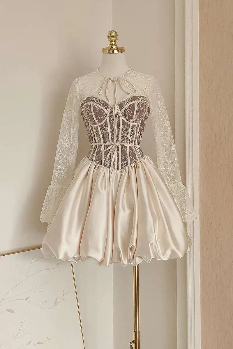 Lunivop French Style Lace-up Mesh Splicing Women Dress Block Color Lace Long Sleeve Dresses With Shorts 2025 Spring New