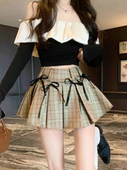 Lunivop  Y2k Kawaii All-match Bow Sweet Plaid Skirt Women Small Preppy High Waist Slim Pleated Skirt A-line Short Dress Summer