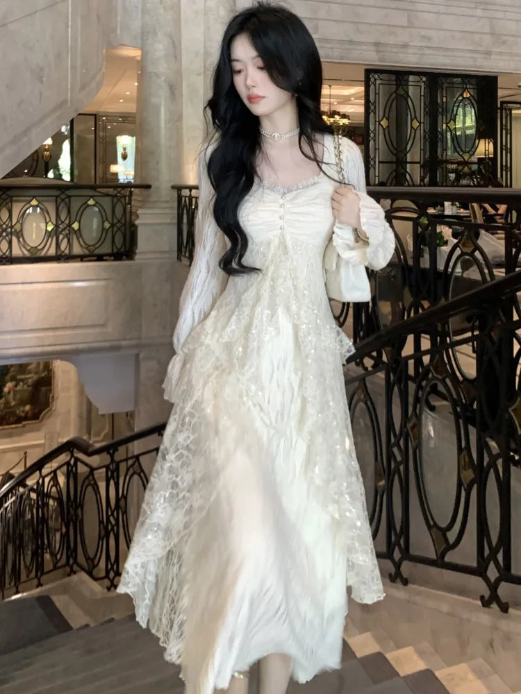 Lunivop  Elegant Solid Ruffles Fairy Dresses Korean Lace Patchwork Slim Waist A Line Dress Women Princess Party Vestidos Female Robe New