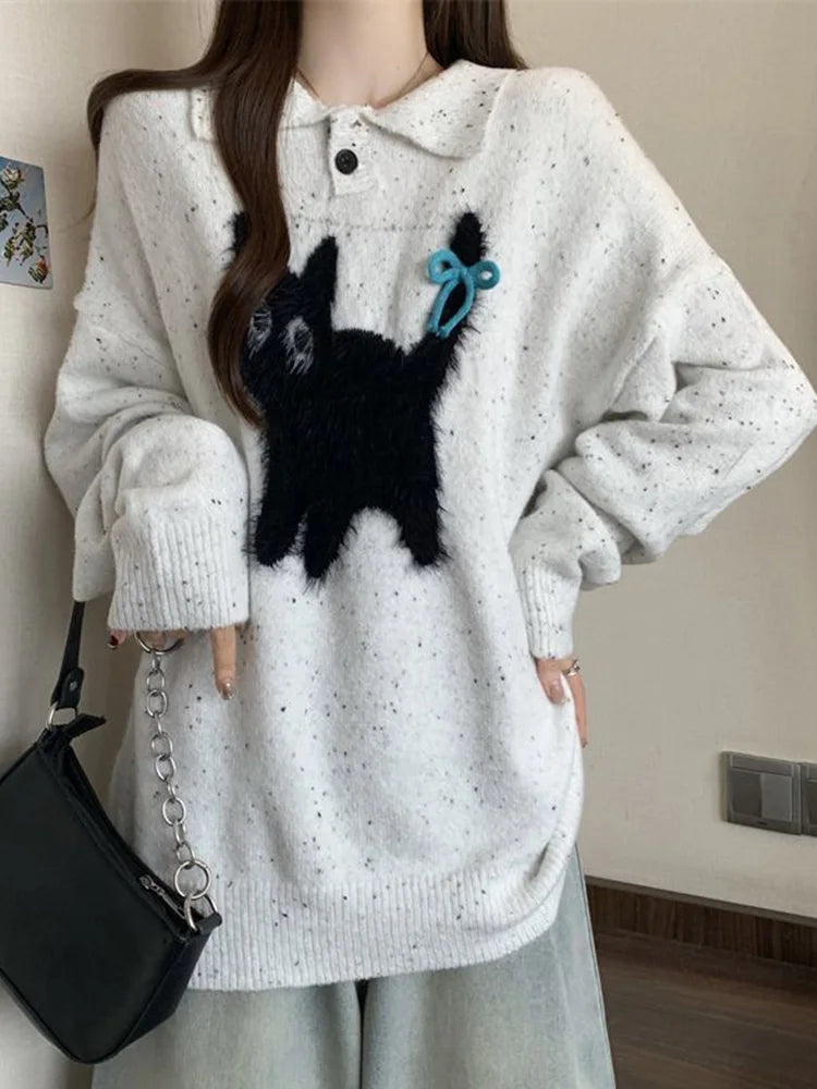 Lunivop Cute Cartoon Bow Sweaters Women Loose Vintage Long Sleeve Kawaii Knitted Jumper Japan Casual Preppy Style Retro Pullovers