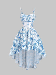 Lunivop  Blue and white floral printed spaghetti strap sweetheart neck high waisted puffy dress