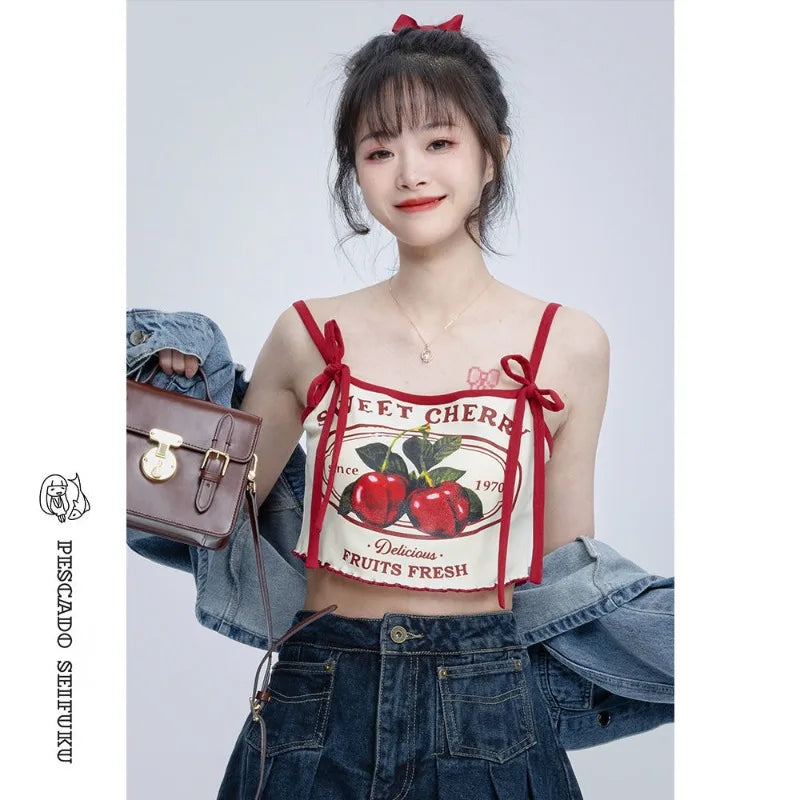Lunivop  Cherry Print Camisole Vest for Women Y2k Fashion Sexy Slim Fit Crop Top T-shirts 2025 Summer New Strapless Tops Mujer