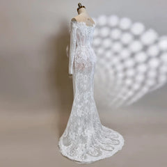 Lunivop  Elegant Wedding Dress Boat Neck Long Sleeves Lace Applique Mermaid Long Wedding Gown for Women Formal Bridal Dresses