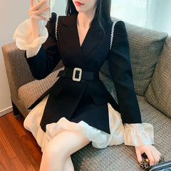 Lunivop  Elegant Vintage Diamond Slim Fit Long Sleeve Black Coat Women+ High Waist Patchwork Skirts Early Autum New Two Piece Sets
