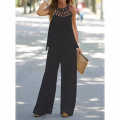 Lunivop  Women Sleeveless Shirt Pants Suit Summer O-Neck Hole Tank Top+Wide Leg Trousers Summer Casual Loose Two Piece Set