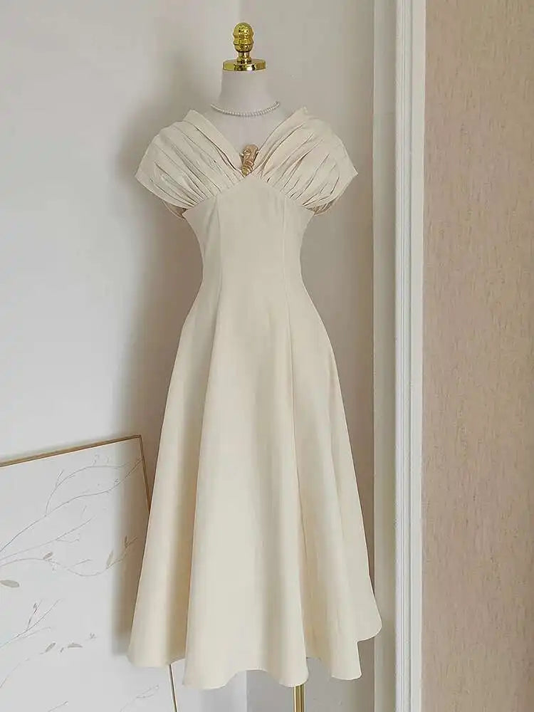 Lunivop Solid Folds Design Dresses For Women Short Sleeve High Waist V Neck Elegant Long Dress Female Autumn 2025 New