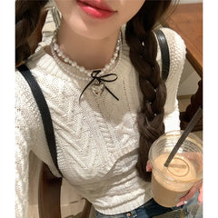 Lunivop Korean INS Sweet Cool Style Ribbon Bow Heart Double Layer Pearl Necklace for Female Minority Design Sense Collar Chain