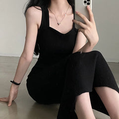 Lunivop  Korean Fashion Slim Summer Dresses Woman Casual Square Collar Sleeveless Long Dress Female Black Elegant Party Dresses