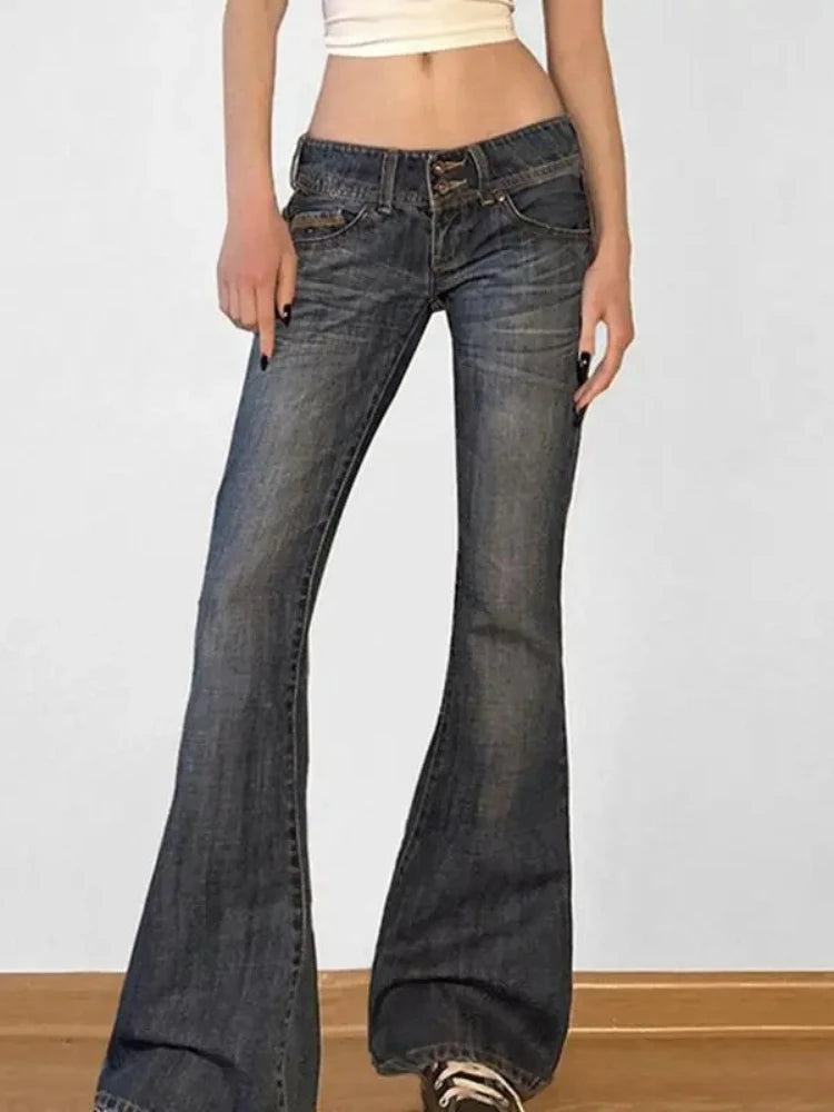 Lunivop Vintage Washed Basic Women Flared Jeans Low Waist American Style Slim Denim Pants Button-up Trousers Casual Aesthetic