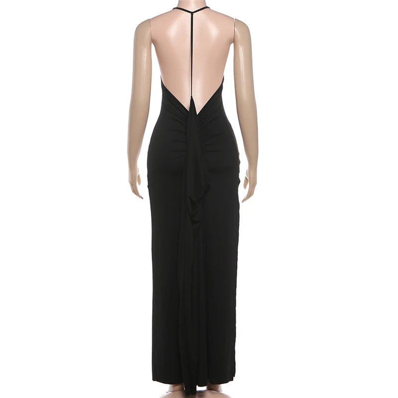Lunivop  Open Back Fashion Dresses Elegant Halter Neck Irregular Sexy Sleeveless Off-shoulder Pleated Black Slimming Side Slit Long Dress