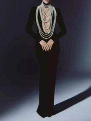 Lunivop Spring New Fashion Long Sleeve Women Dresses Pearl Necklace Hollow Out Right Angled Shoulder Long Dress Female