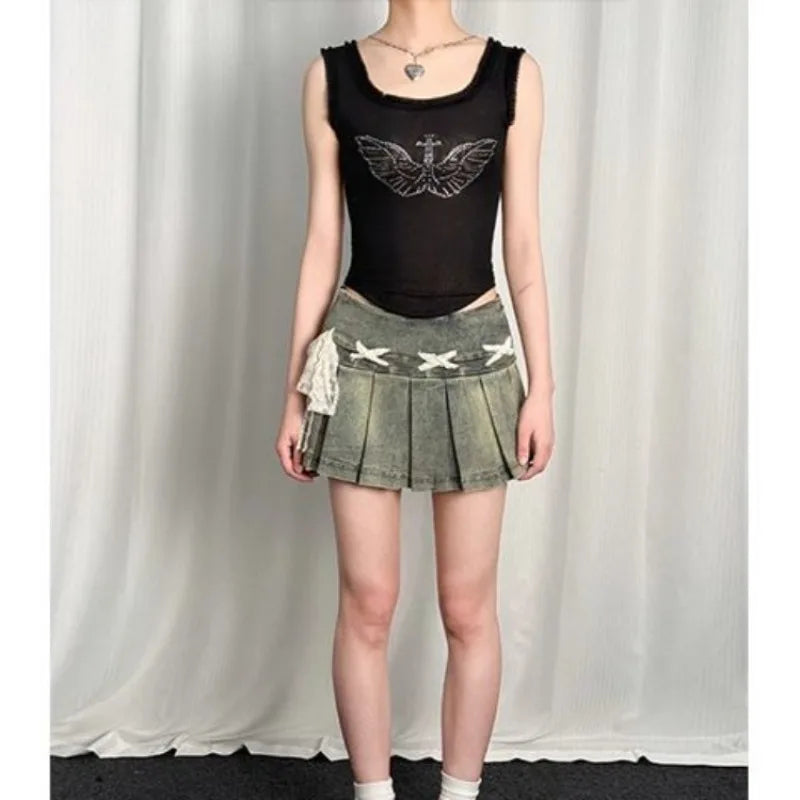 Lunivop  Bow Lace Up Blue Washed Denim Skirt for Women American Vintage Pleated A-line Skirts 2025 Summer New Faldas Sexy Mujer
