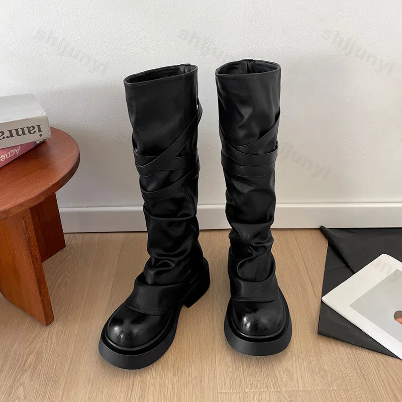 Lunivop Vintage Women Knight Long Boots New 2025 Fashion Elegant Belt Buckle Shoes Platform Thick Heel Women's Western Knee-High Booties