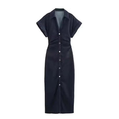 Lunivop  Denim Dress Women's Spring Summer Casual Long Dresses For Women New Fashion Ruched Short Sleeve Streetwear Midi Dress