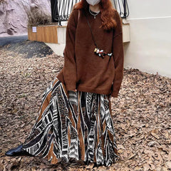 Lunivop  Irregular Printed Big Swing Long Skirts Fall Winter Leisure Folds Loose Comfortable Versatile Half Skirt Female Vintage Clothing