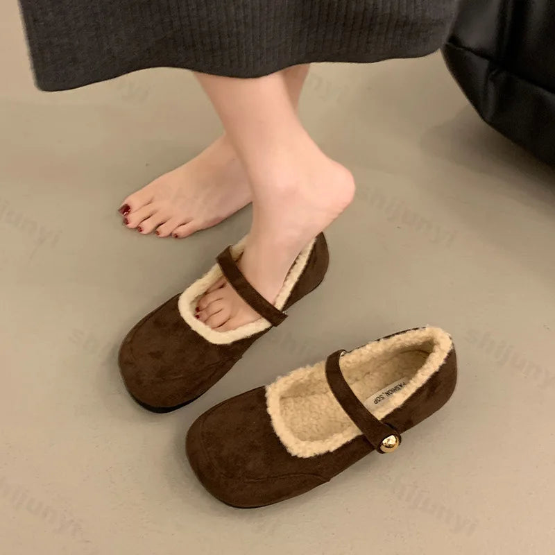 Lunivop Fashion Round Toe Ballet Flats Woman Warm Teddy Fur Mary Jane Shoes Ladies Brand Design Elegant Fluffy Plush Loafers