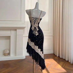 Lunivop 2025 Elegant Hot Silver Women Dress Patchwork Lace Suspender Dress With Slim Fit And Irregular Hem Dresses Female