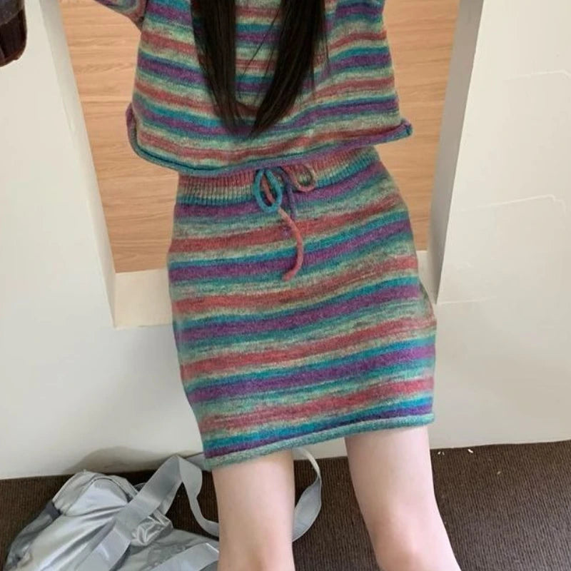 Lunivop Y2k Vintage 2 Piece Sets Women Korean Style Striped Knitted Skirt Sets Autumn Winter Street Sweater Sets Aesthetics