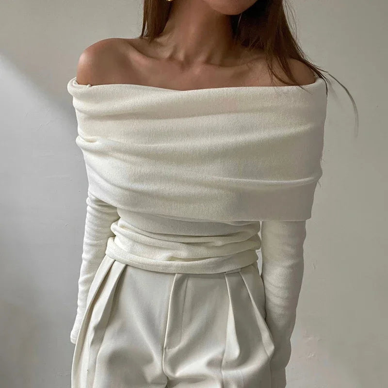 Lunivop Women Knitwear Elegant Sweater Long Sleeve Slash Neck Solid Off Shoulder Thin Pullovers Office Lady Tops Fall Winter Outfit