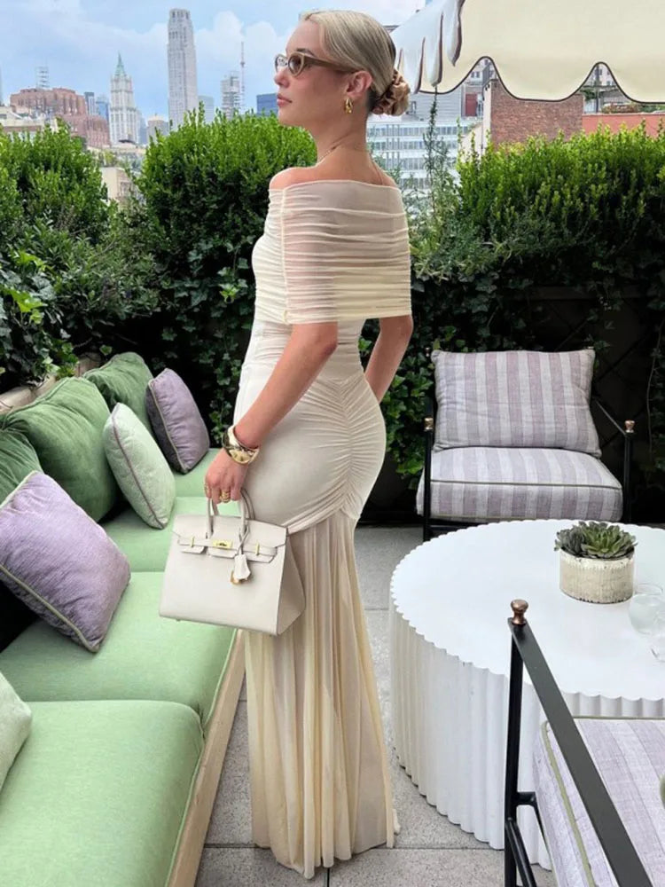 Lunivop Strapless Pleated Mesh Splice Maxi Dress Two-Piece Backless Elegant See Through Sexy Party Dresses Slim One Step Dress