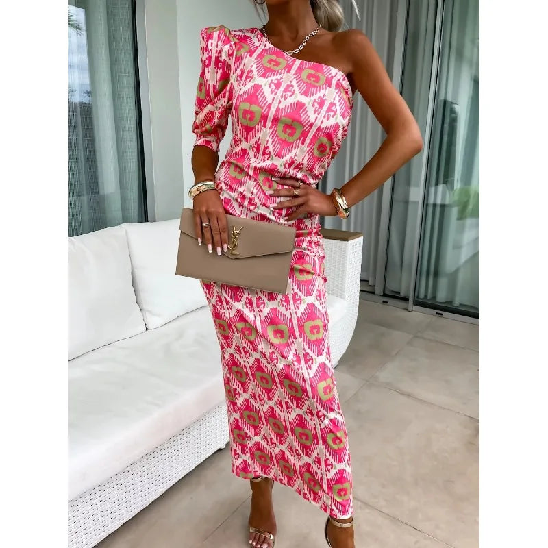 Lunivop  S-XXL Women's Fashion Slant Neck Off Shoulder Casual Printed Waist Comfortable Versatile Dress