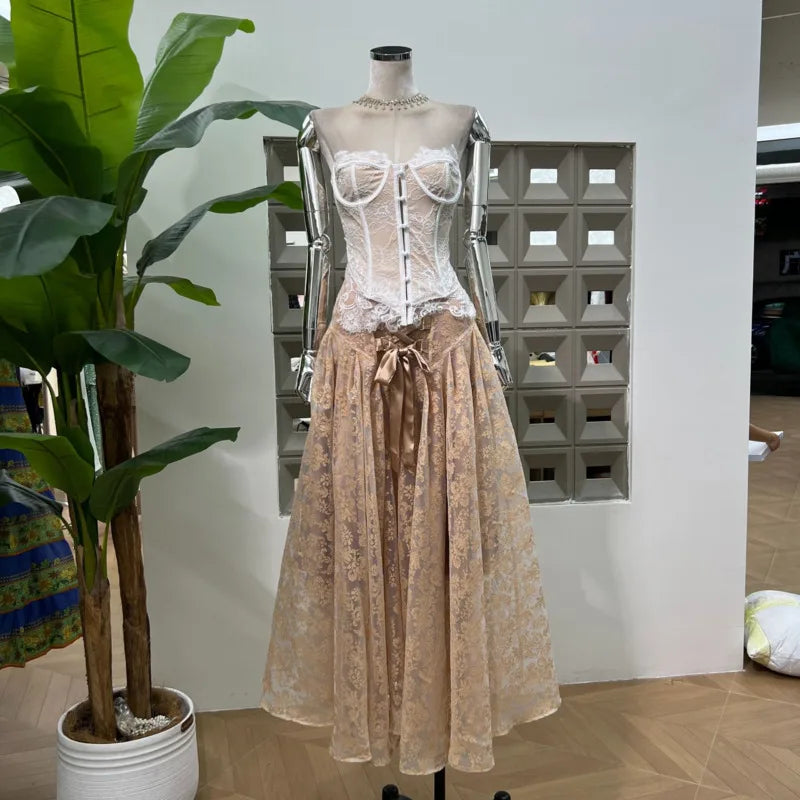 Lunivop  Fashion Lace 2 Piece Set Women's Strapless Fishbone Top High Waisted Jacquard Skirt 2025 Summer New Tide