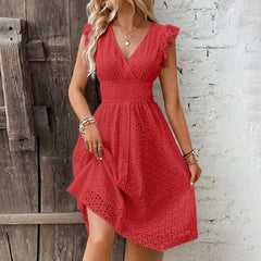 Lunivop  Women's Dress Lace Jacquard Hollow Out Slim V Neck Elastic Waist Midi Dress Vacation Mid Length Dresses for Daily Wear Korean