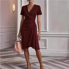 Lunivop  ﻿ Women's Chic Ruched Wrap V Neck Midi Dress Long Sleeve Asymmetric Hem Formal Gown for Elegant Office Work Commute