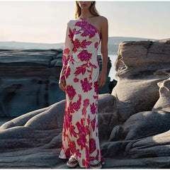 Lunivop  Floral Print Satin One-Shoulder Mermaid Maxi Dress Long Sleeve Ruched Waist Spring Summer Elegant Women Chic Retro Vestido