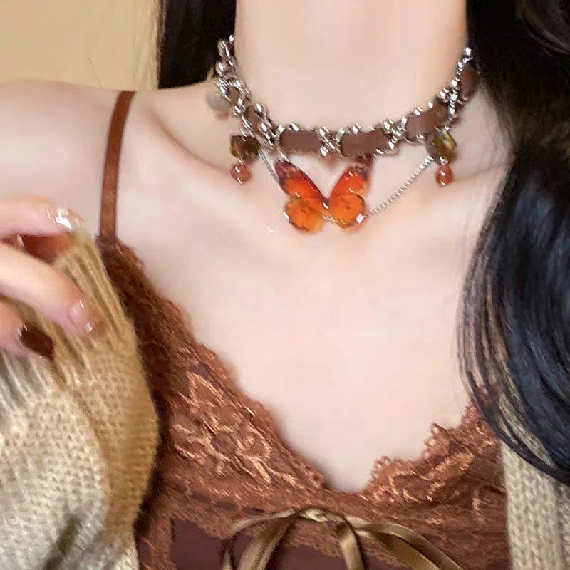 Lunivop Ethnic Style Butterfly Necklace for Women's Light Luxury and Unique Design, Maillard Autumn and Winter Sweater Chain