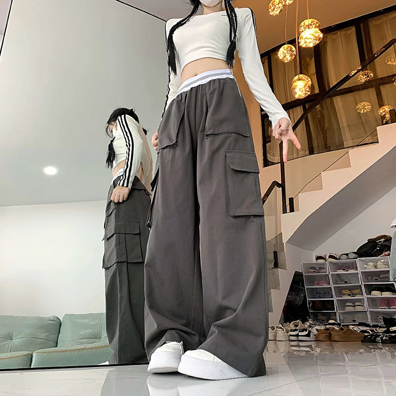 Lunivop Vintage Solid Baggy Cargo Pants For Women 2024 Autumn Casual  Women's Drawstring Wide Leg Pants Female Street Loose Long Trouser