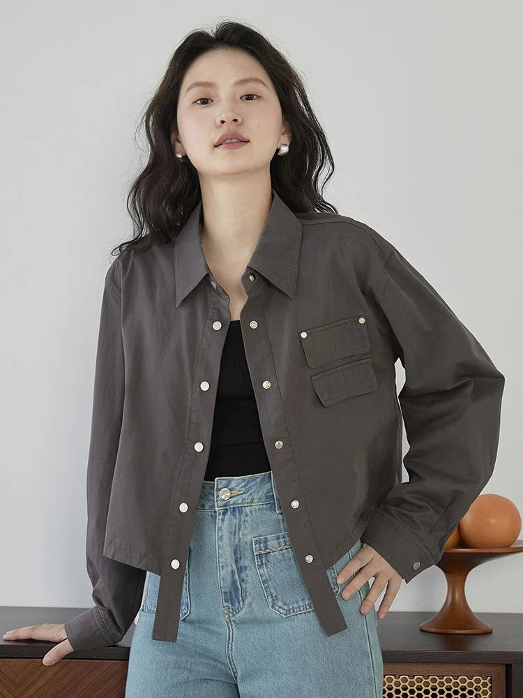 Lunivop American Y2K Cargo Jacket Women Fall Casual Long Sleeve Vintage Short Coat Harajuku Turn Down Collar New Solid Hip Hop Tops