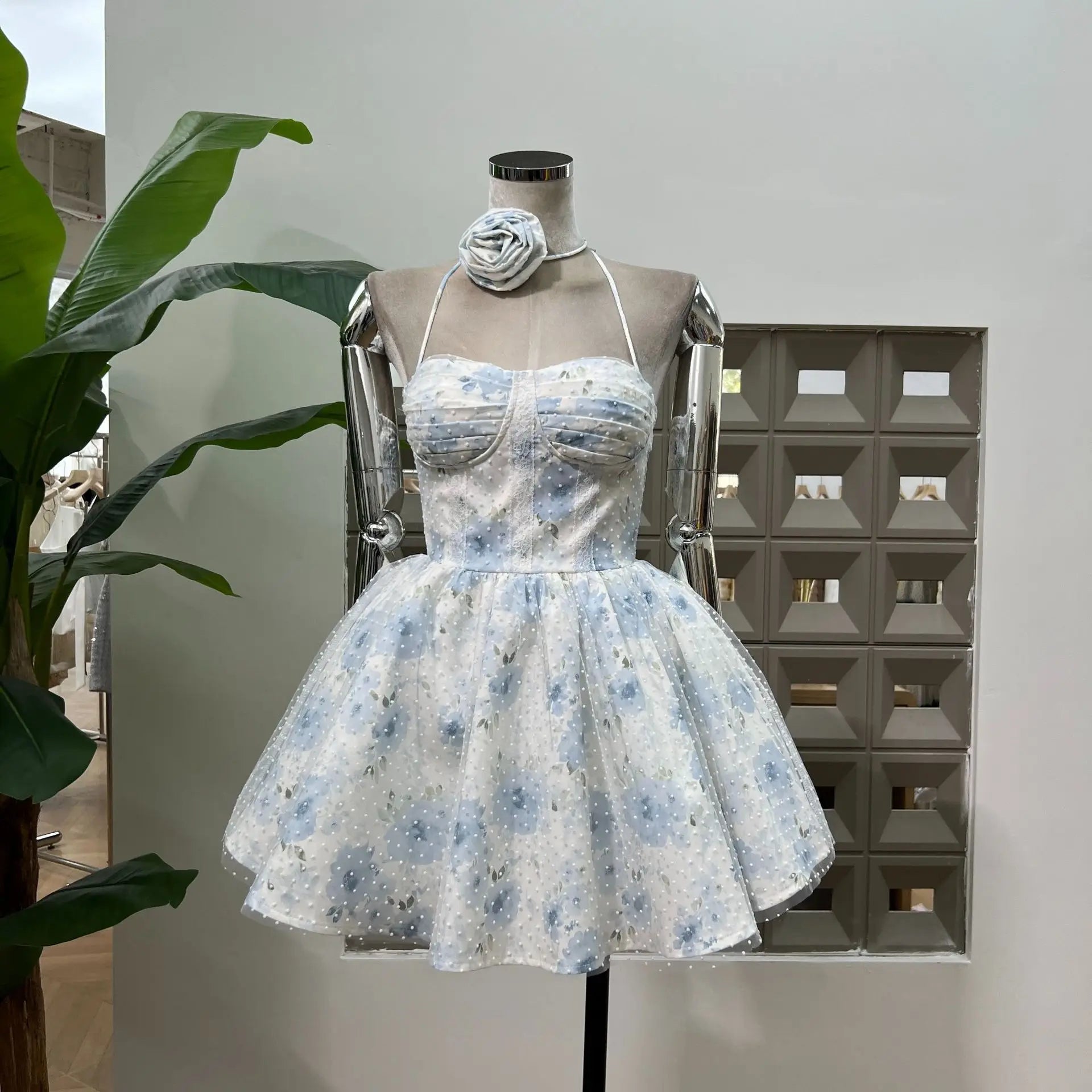 Lunivop  Fashion Women Dress Sleeveless Strapless Polka Dot Printing Lace Up Hanging Neck Flower Female Party Dress New Tide