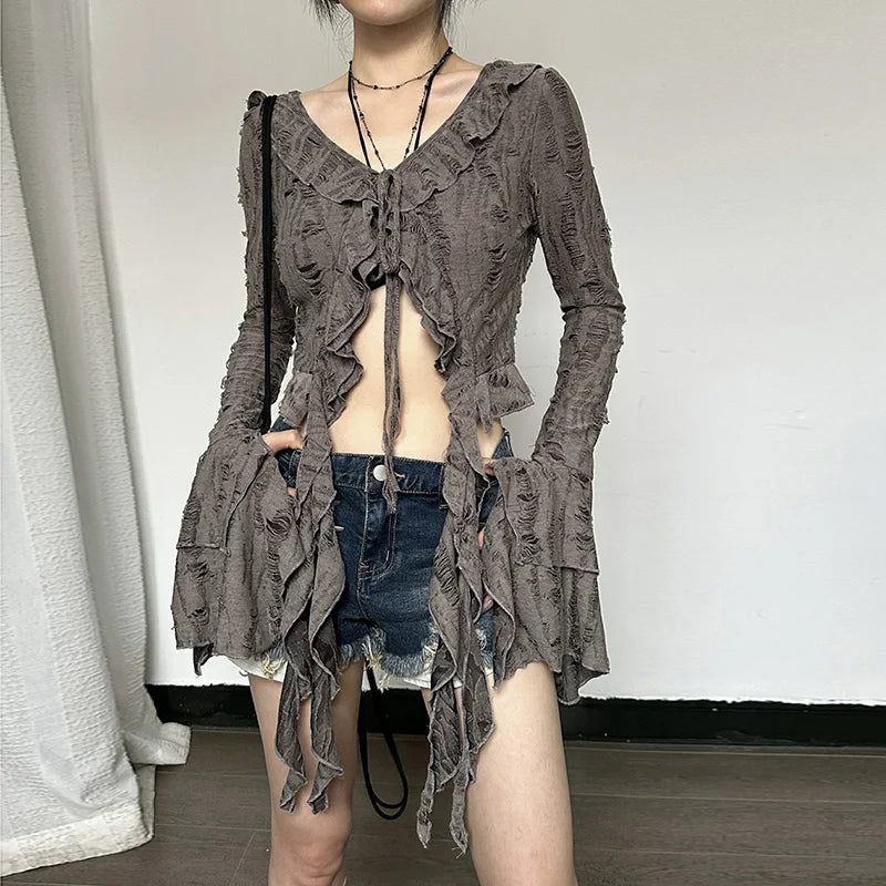 Lunivop Butterfly Sleeve Tassel Long Sleeve Ruffles High Waist Crop Top Tshirt Hollow Out Summer Fashioon Y2K Casual Clothes