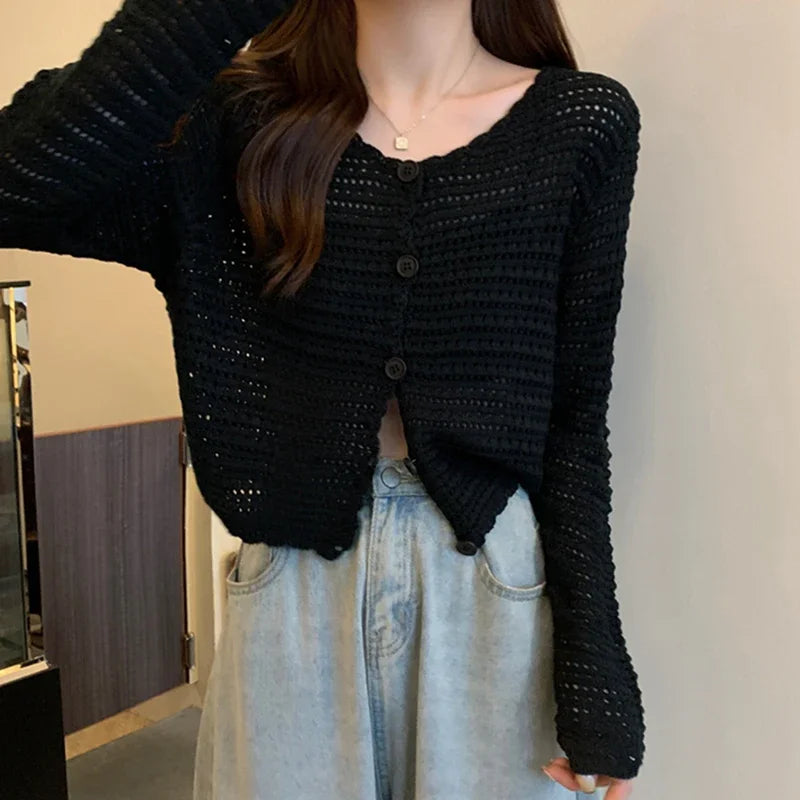 Lunivop Women Button Up Short Cardigan Knitted Shirt Hollow Out Crochet Crop Top Long Sleeved Thin Cover Up Teen-girl Casual Outfit