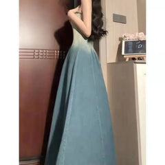 Lunivop  French Vintage Gradient Denim Strap Dress Women's Summer New Style Slimming Sleeveless Midi Skirt Retro Waist-Cinching Dress