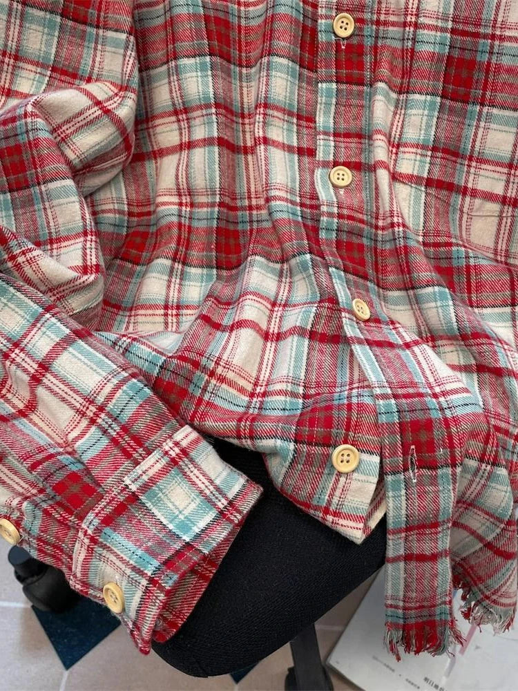 Lunivop Red Plaid American Shirt Women Oversize Loose Vintage Long Sleeve Fall Blouse Streetwear Harajuku Retro Casual Bf All Match Tops