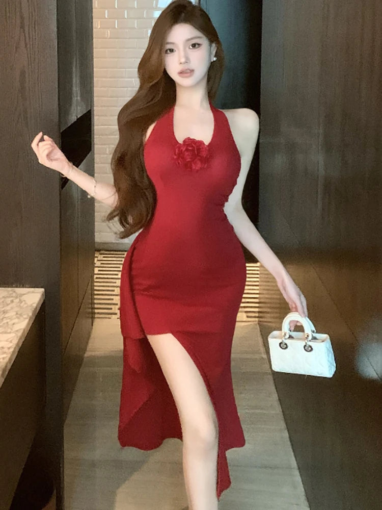 Lunivop  Summer Red Elegant Chic Flower Neck-mounted Dress Women Korean Fashion Bodycon Slit Long Dress 2025 New Festival Evening Dresses