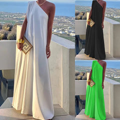Lunivop  Elegant Off Shoulder Bohemian Long Party Dress Women One Shoulder Loose Dresses Fashion Solid Slash Neck Sundress