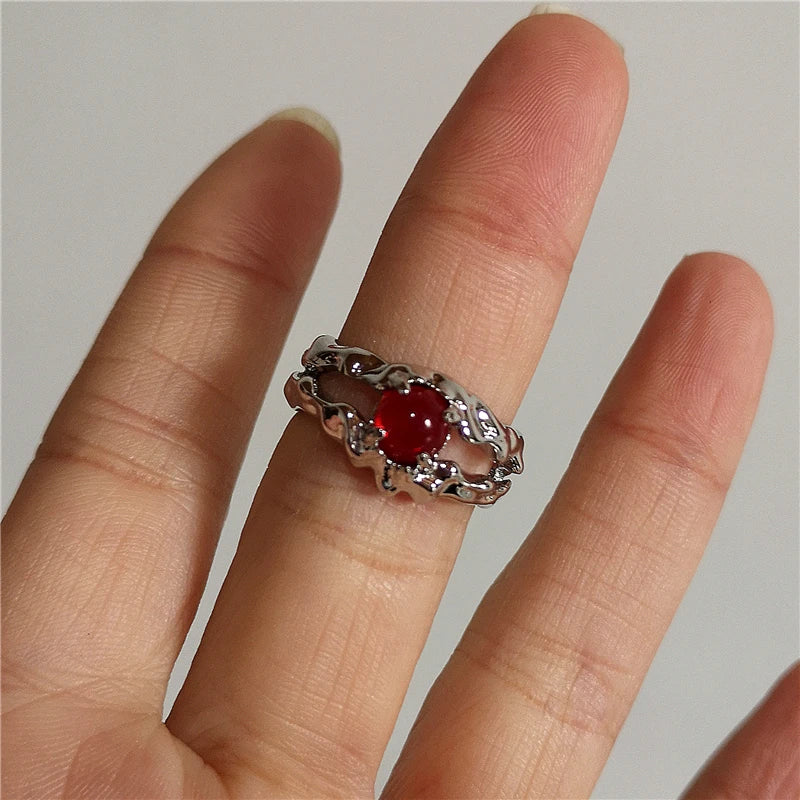 Lunivop Vintage Y2k Gothic Red Crystal Glass Irregular Geometry Aesthetic Open Rings For Women Punk Creative Grunge Jewelry Accessories