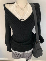 Lunivop Sexy Elegant V-neck Knitted Pullover Women Black Y2k Fashion Long Sleeve Sweaters Simple Casual Slim Aesthetics Tops