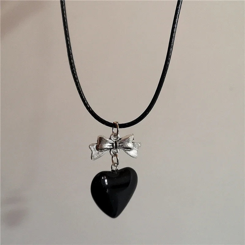 Lunivop Goth Aesthetic Black Glass Heart Bow Pendant Pearl Beaded Rope Chain Choker Necklace Egirl Y2K lolita 2000s Jewelry Accessories